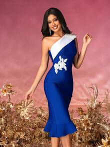 Women One Shoulder Solid Flower Fishtail Dress Cocktail Evening Party Prom Dress - Royal Blue - View 4