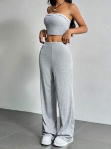 SHEIN EZwear Women Summer Grey Fine Ribbed Tube Top And Casual Knit Pants Set - Grey - View 1