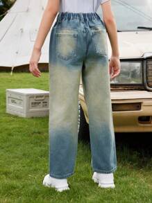 Girls' Fashionable Retro Wide Leg Denim Jeans, Medium Wash Blue - Medium Wash - View 2