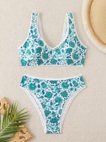 SHEIN Swim 女士花卉印花度假泳装套装，带分离式比基尼套装和比基尼套装下装，随机花卉印花夏季海滩 - 彩色 - 查看 5