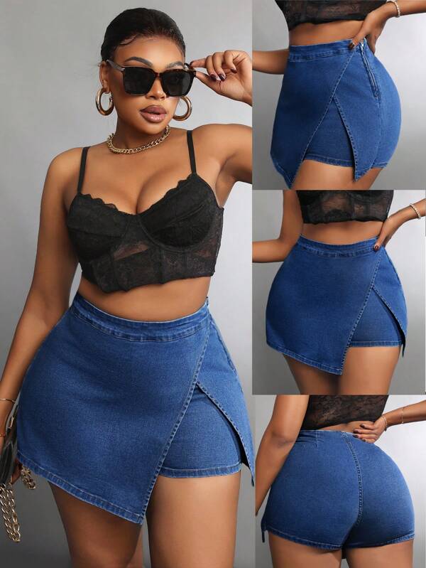 SHEIN SXY Plus Wrap Hem Denim Skort