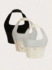 SHEIN EZwear 3pcs Women's Sweet Ditsy Floral Sleeveless Crop Halter Top, Summer Back To School - Multicolor - View 2