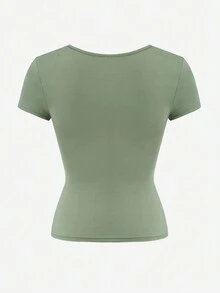 Vaiaye 女士纯色针织方领性感修身 Y2K 短袖 T 恤，春夏运动上衣，适合情人节穿着 - 綠色 - 查看 4