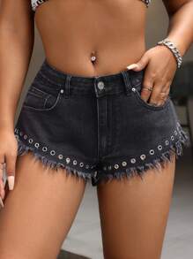 SHEIN SXY 女士时尚牛仔短裤，镂空设计和毛边裤脚 - 黑色 - 查看 3
