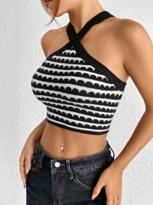 SHEIN EZwear Summer Cross Neck Black & White Striped Knitted Top