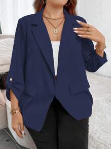 SHEIN Unity Blazer de talla grande con mangas de dobleces y frente abierto para uso diario - Azul Marino - Ver 4