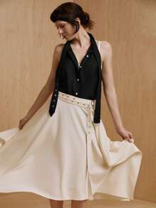 MONSE Designermäßiger Business-Lässig Gürtel-Knopf-Neckholder-Oberteil, für Sommer, Urlaub, Ferien, Frühling, Strand, Ausgehen, Festival, Ibiza-Looks, Büro