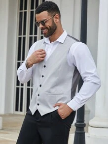 Manfinity Mode Áo vest nam có kích thước lớn kẻ sọc đơn ngực đi làm hàng ngày - Màu Xám nhạt - Xem 4