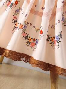 Baby Girls' Vintage French Lady Style Dress For Spring And Summer, With Lace, Printed Flowers, Peter Pan Collar, Short Puff Sleeves And Puffy Hemline