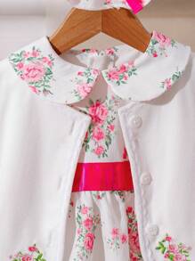 Conjunto de 3 piezas para niña bebé que incluye: chaqueta de manga larga con bordado de flores de encaje, vestido sin mangas con cuello Peter Pan, y gorro con lazo. Con cinturón, cierre con cremallera, estampado de hojas de plantas y volantes. Lindo, cómodo, elegante y casual. Nuevo lanzamiento para primavera, otoño e invierno.