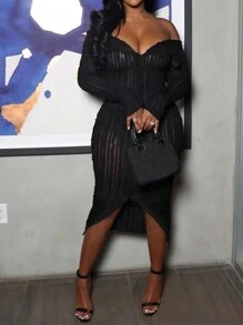 Distinctive Jacquard Knit Off-Shoulder Bodycon Dress - Black - View 6