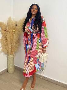 Slaydiva Casual Plus Size Women's Spring/Summer Colorful Wave Striped Long Sleeve Shirt Dress For Work/Commute - Multicolor - View 3