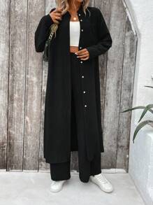 SHEIN LUNE Solid Button Front Shirt & Wide Leg Pants - Black - View 5