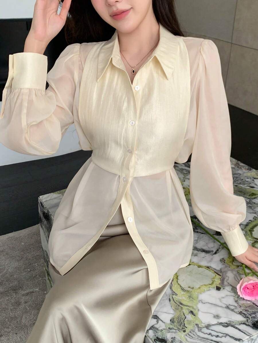 DAZY Women's Solid Color Sheer Long Sleeve Shirt,Fall Women Clothes - Apricot - View 1