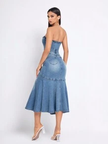 Button Front Split Thigh Tube Denim Dress - Blue - View 2