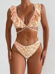 SHEIN Swim Women's Summer Beach Floral Printed Bikini Set With Ruffle Hem And Cutout Design - Orange - View 3