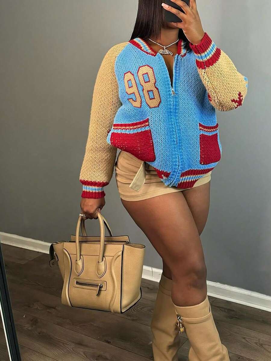 SHEIN CURVE+ Plus Size Curve Streetwear & Casual Loose Baseball Jacket, Color Block Design With Pockets And Number 98, Women's Knitted Cardigan Jacket For Autumn/Winter,Fall Outfits,Fall Tops