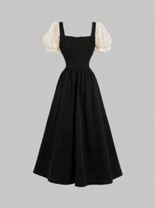 SHEIN MOD Đen Và Mai Cung Điện Phối Ren Vintage Nơ Tay Phồng Áo Dài, Buổi Hòa Nhạc, Bữa Tiệc Nửa Buổi, Đám Cưới/Cô Dâu Tắm - màu đen - Xem 2