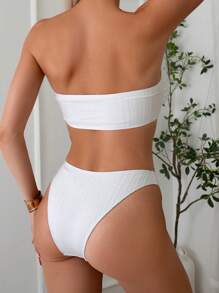 SHEIN Swim Conjunto de bikini de bandeau de mujer de unicolor con conexión de anillo circular, traje de baño para playa en verano - Blanco - Ver 3