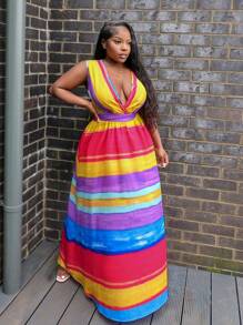Slaydiva Vacation Sexy Striped Cami Colorful Gradient Print Women's Bodycon Dress Suitable For Music Festivals, Casual Streets, And Elegant Everyday Wear - A - Multicolor - View 4