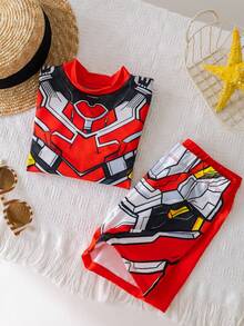 SHEIN Bộ đồ mùa hè cho trẻ em, Bộ đồ bơi tay ngắn cổ tròn họa tiết Mecha vui nhộn & tiện dụng cho bé trai, Kiểu dáng thoải mái và dễ thương, Thích hợp cho du lịch và chụp ảnh - Nhiều màu - Xem 6