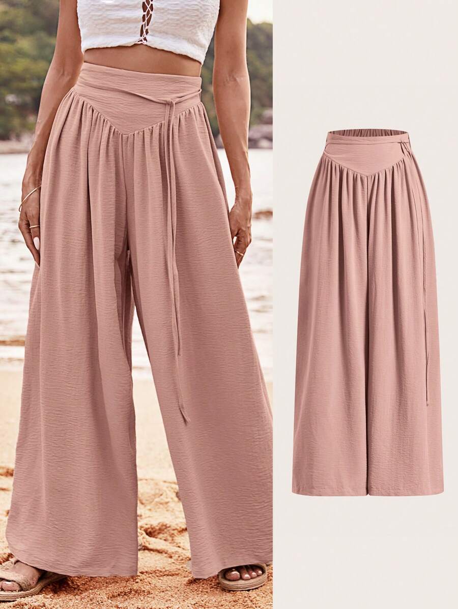 SHEIN VCAY Quần ống rộng xếp ly eo cao màu trơn cho nữ - Hồng - Xem 1
