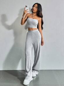 SHEIN EZwear Women Summer Grey Fine Ribbed Tube Top And Casual Knit Pants Set - Grey - View 4
