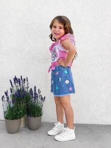 SHEIN Kleine Mädchen Denim Rock mit Muster, Nieten und gewaschenem Effekt, ideal für einen süßen und verspielten Urlaubslook