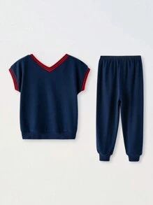 SHEIN Conjunto de 2 piezas JovenDeportivo estilo casual urbano con chaleco estampado y pantalón largo, adecuado para uso diario, viajes, ejercicio, primavera y verano, actividades al aire libre y de vuelta a la temporada escolar - azul real - Ver 2
