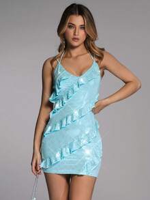 Forever 21 Women's Sparkly Ruffle Halter Summer Party Dress With Spaghetti Straps - Blue - View 2