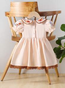 Baby Girls' Vintage French Lady Style Dress For Spring And Summer, With Lace, Printed Flowers, Peter Pan Collar, Short Puff Sleeves And Puffy Hemline