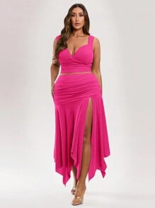 SHEIN BAE Plus Size Women's Summer Vacation Solid Color Green Asymmetrical Hem Slit Skirt - Hot Pink - View 7