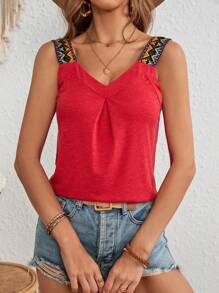 SHEIN VCAY Vacation Women's Geometric Woven Strap Black Tank Top