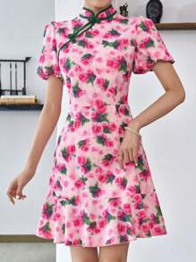 Modelyn 1 chiếc Sườn xám in hoa viền bèo nhún, Sườn xám/Đầm xường xám Trung Quốc hiện đại cải tiến - Hồng - Xem 6