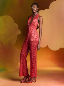 Alice McCall Designer Allover Floral Flower Lace Deep V Neck Jumpsuit, Women, For Summer, Holiday, Valentine's Day, Festival - Red - View 8