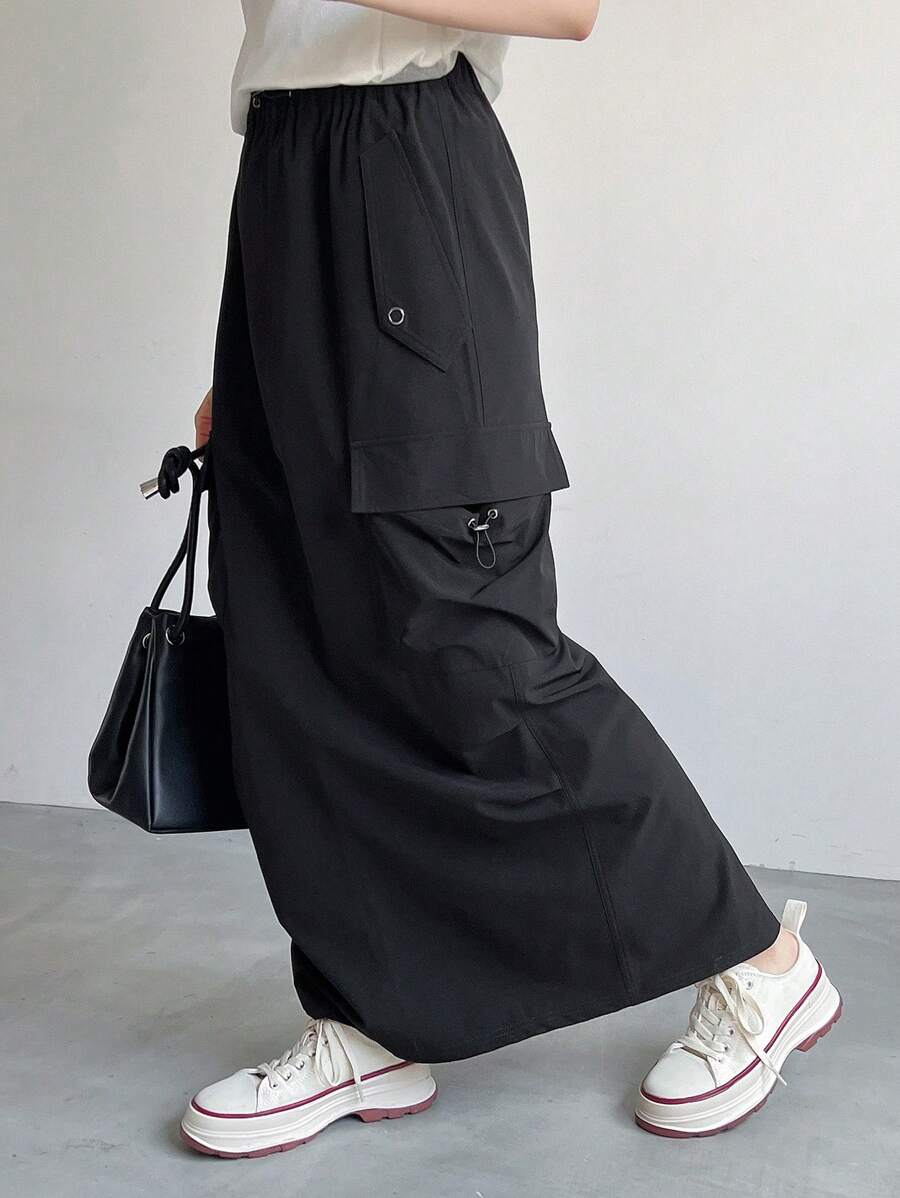 FRIFUL 实心翻盖口袋侧裙 - 黑色 - 查看 1