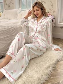 CottageSlumber Ink Floral Printed Shirt Collar Long Sleeve Top And Pants Set White Set Holiday Season, Bountiful Floral Splendor  Cozy And Elegant Details - White - View 1