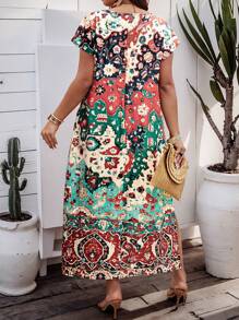 EMERY ROSE 随机印花大码圆领复古夏季连衣裙新年服装长款女装西装 - 紅色 - 查看 2