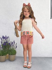 SHEIN Young Girl Crochet Flower Patterned Crop Top And Shorts Set With Headband - Multicolor - View 1