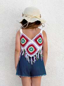 SHEIN Young Girls Beach Vacation Crochet Fringed Hem Sweater Camisole - Brown - View 2