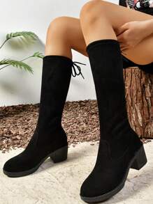 Ladies' Black Chunky Heel Mid-Calf Boots, Elastic Slimming High Heeled Mid-Calf Boots
