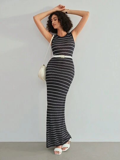 MOTF PREMIUM 條紋圖案修身針織連身裙