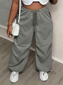 Slaydiva Plus Size High Waisted Loose Drawstring Cargo Pants With Pockets - Perfect For Casual, Running, Street Style - Grey - View 5