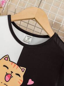 SHEIN Tween Girl Loose Fit Họa tiết hoạt hình Khối màu Ghép áo thun cổ tròn ngắn/dài tay Váy midi - Đen và trắng - Xem 5