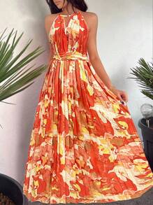 Breezaya 花卉印花百褶領帶領口連衣裙，夏日沙灘假期 - 黃色 - 查看 1