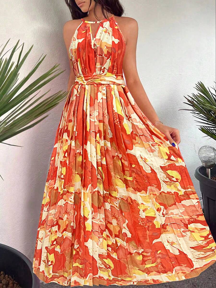 Breezaya 花卉印花百褶領帶領口連衣裙，夏日沙灘假期 - 黃色 - 查看 1