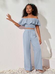 SHEIN Tween Girls' Casual Woven Solid Color Off-Shoulder Crop Top And Loose Pants Set, Spring/Summer Holiday Outfits - Baby Blue - View 5