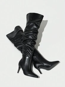 Fall/Winter Fashion Match Hoodie,Women's Pointed Toe Wrinkle Detail Stiletto Thigh High Boots With Side Zipper, Sexy Party Over-The-Knee Leather Boots, Black - Black - View 3