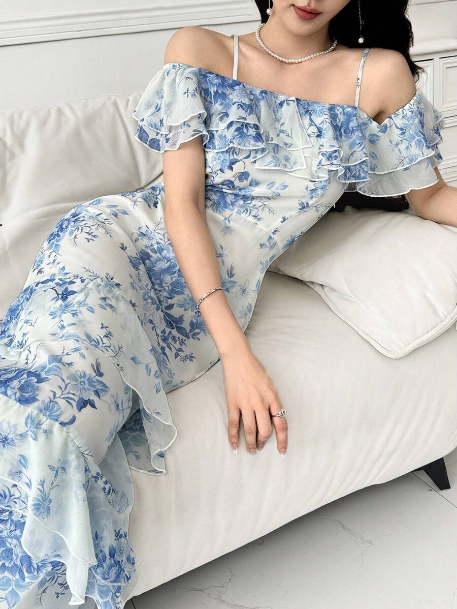 Modelyn 花卉印花露肩荷叶边雪纺长裙长款晚礼服 - 彩色 - 查看 1