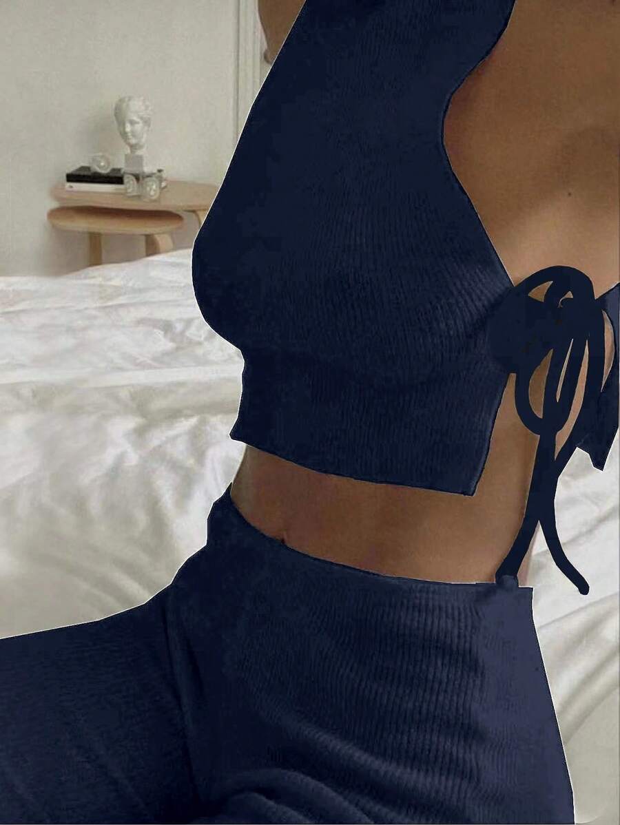 SHEIN Unity Top de punto corto con lazos laterales sólidos - Azul Marino - Ver 1